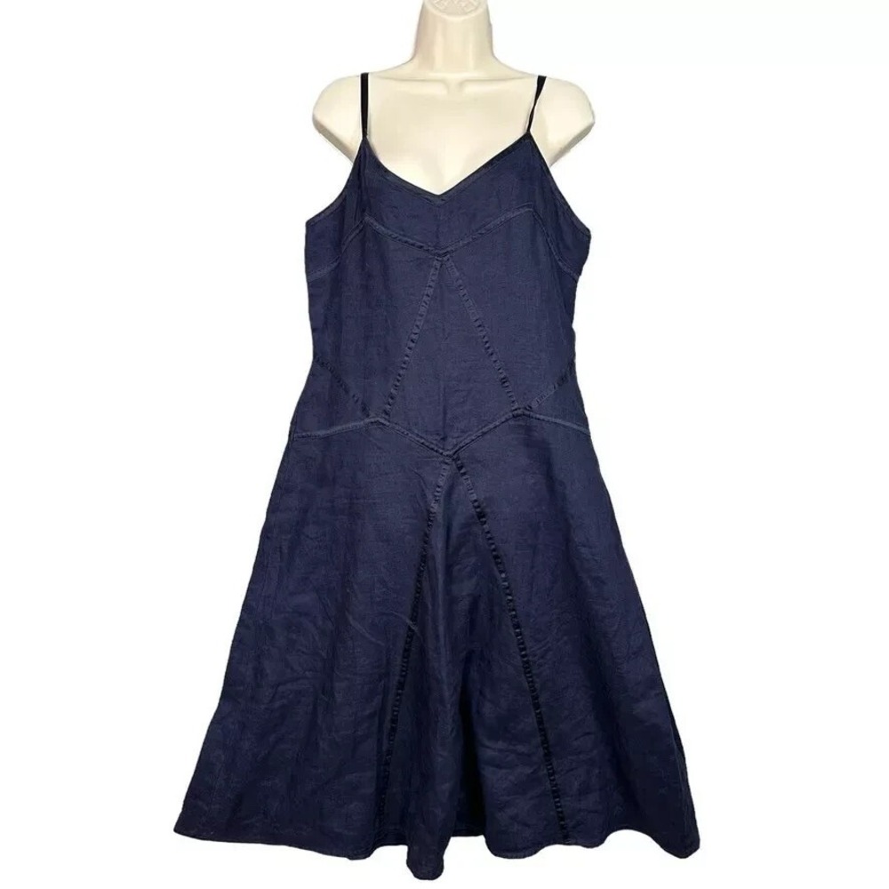 Vintage Laura Ashley 100% Linen Navy Slip Dress 12 Midi 90s Minimalist Coastal‎